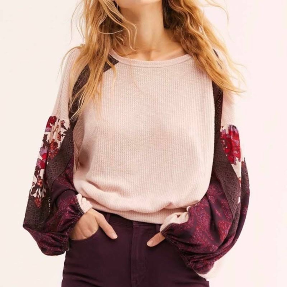 Free People Rose Combo Ballon Sleeves Thermal Top